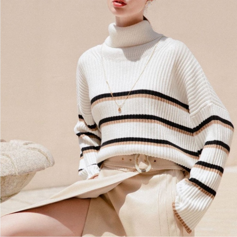 Petite Studio Cream Ribbed Turtleneck Sweater with Black & Tan Stripes